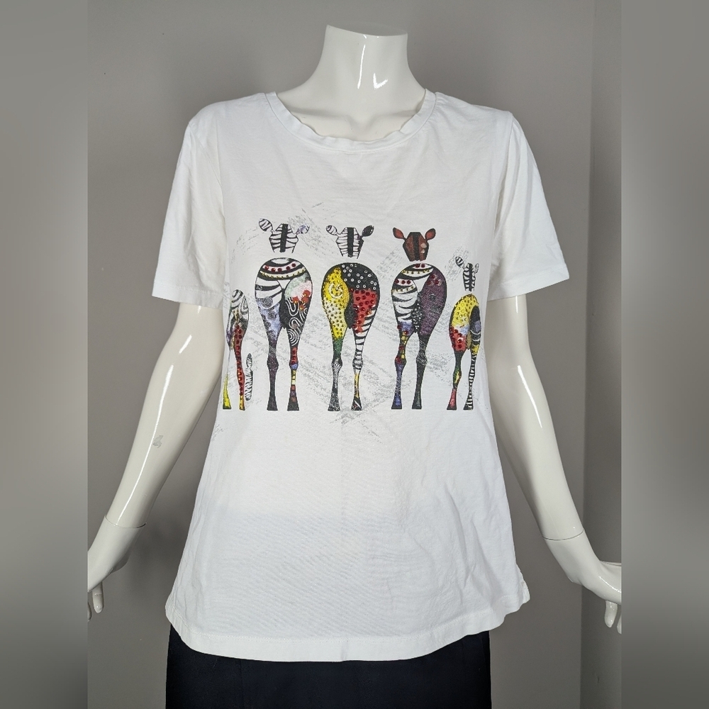 Y2K Zebra Graphic Rhinestone T-Shirt | Slim Fit | White Statement Tee | M